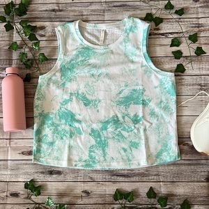 LARGE Ebb & Flow work out mesh shirt mint green white splatter crop top fitness